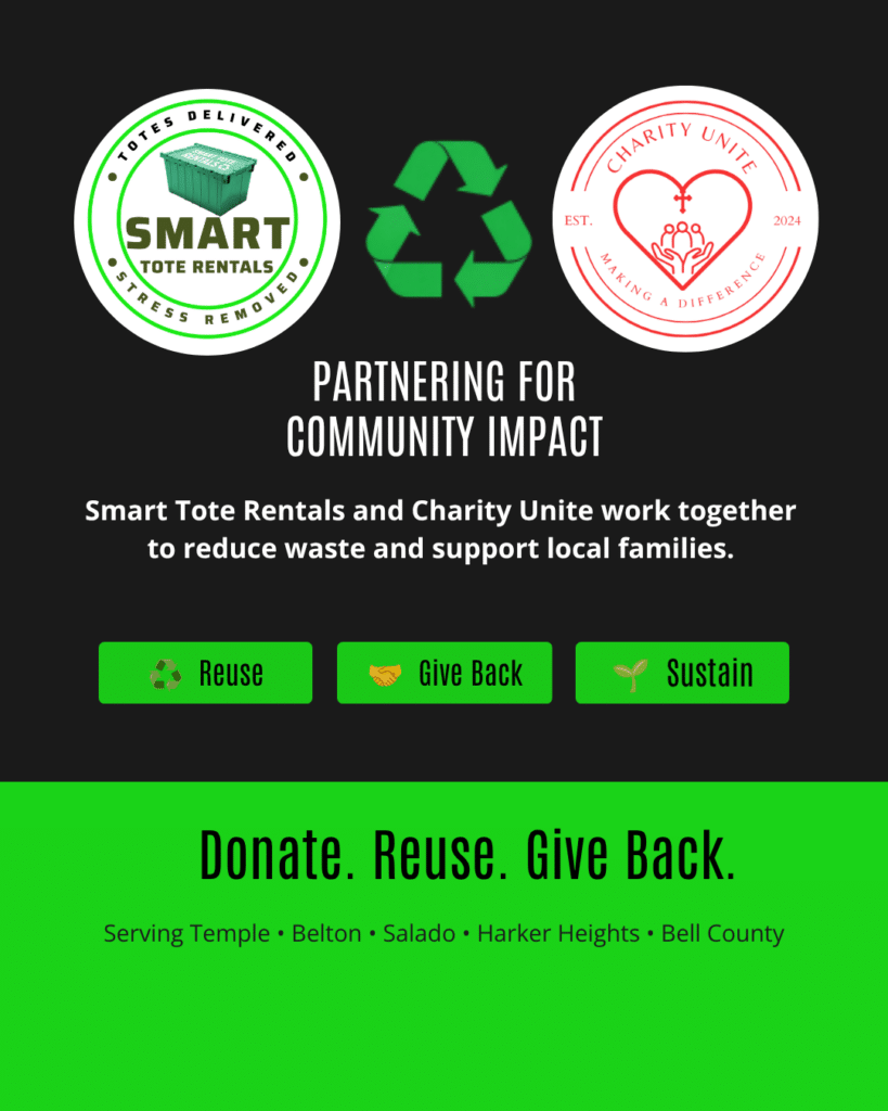 Reusable moving totes from Smart Tote Rentals stacked and ready for delivery in Central Texas. Eco-friendly moving solution that helps homeowners, renters, and businesses move more efficiently while supporting local nonprofit donations through Charity Unite.